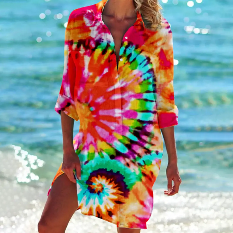 Shirt Jurk - Belle-Classique - Unieke Kleurencombinatie Polyester - Perfect voor Zomer Evenementen - Oranje tie dye / S