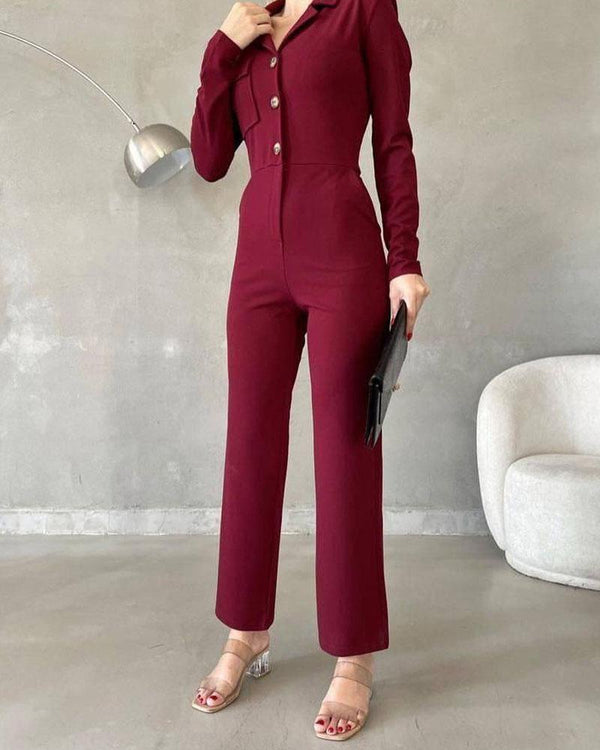 Slim Fit Jumpsuit - Modern - 100% Polyester - Ideaal voor Winter en Lente - Rood / S - Women’s Fashion > Jumpsuits >