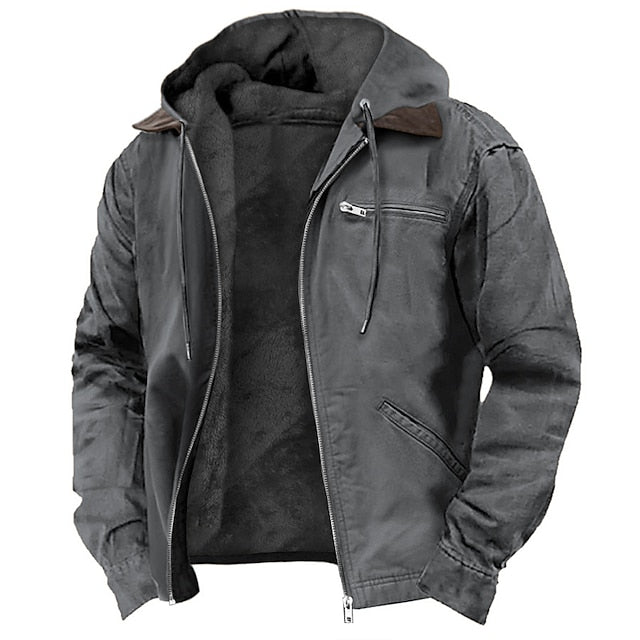 Grijze hooded jacket met rits en zakken, onderdeel van de Outdoor-Jas - Atlas.