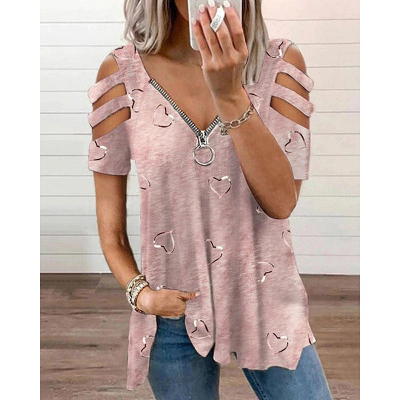 T-shirt - Casual - Katoenmix V-hals Koude schouder - Perfect voor Lente Zomer Herfst - ROZE / S - Casual T-Shirts