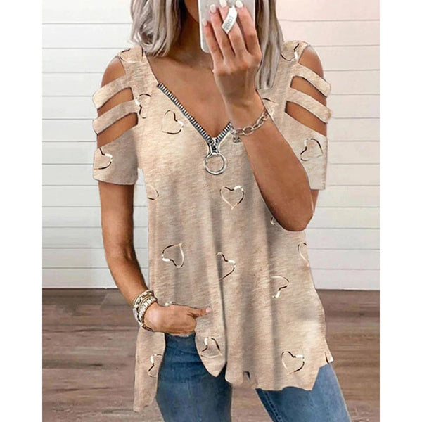 T-shirt - Casual - Katoenmix V-hals Koude schouder - Perfect voor Lente Zomer Herfst - BEIGE / S - Casual T-Shirts