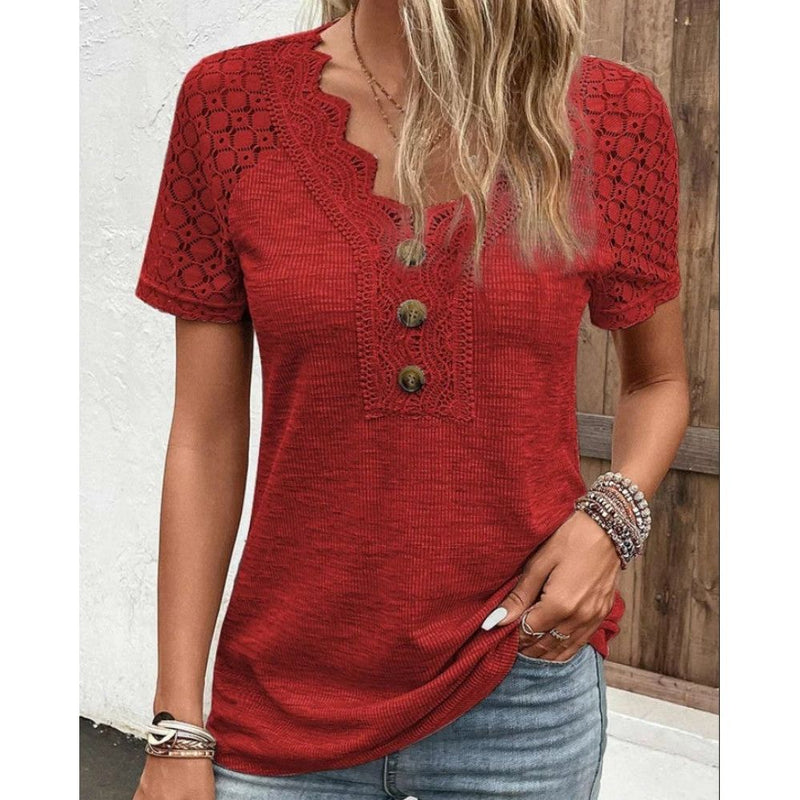 T-shirt - Elegant - Katoenmix Kant - Perfect voor Lente en Zomer - ROOD / S - T-Shirts