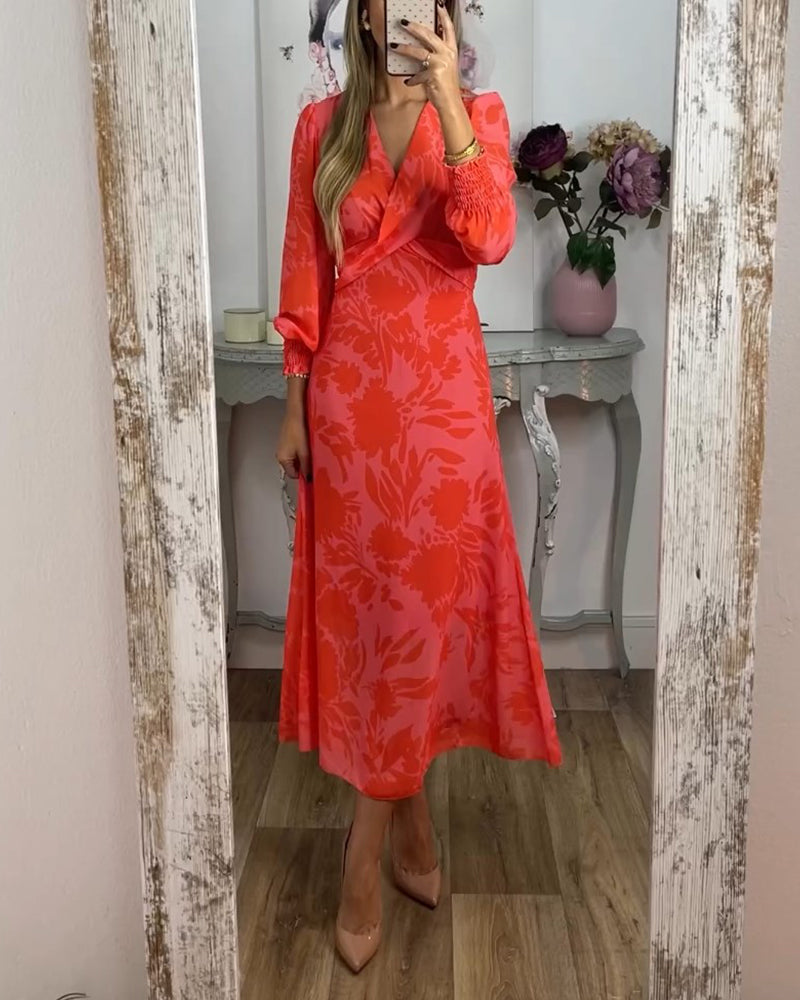 Tiffany - elegante v-hals maxi jurk met lange mouwen - Oranje / S - Season Long Dress