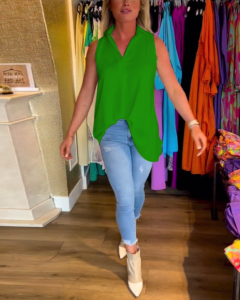 Top - Casual - Katoenmengsel Mouwloos Reverskraag - Perfect voor Zomer en Vakantie - Groen / S - Dames Tops