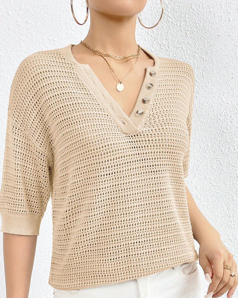 Top - Casual - Katoenmix Effen Kleur V-hals - Perfect voor Zomer en Dagelijks Gebruik - Beige / XS - Women’s Casual Tops