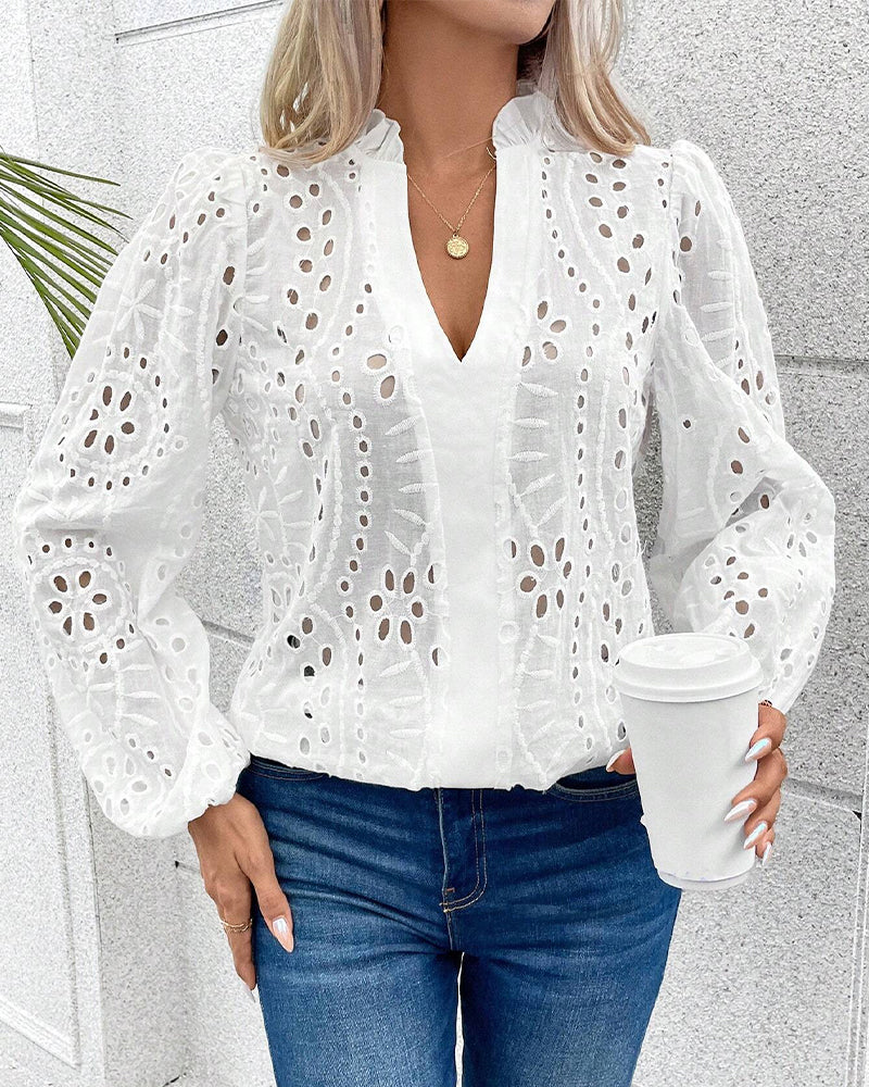 Top - Chic - Katoenmix Opstaande Kraag - Perfect voor Lente Zomer en Herfst - Wit / S - Chic Tops