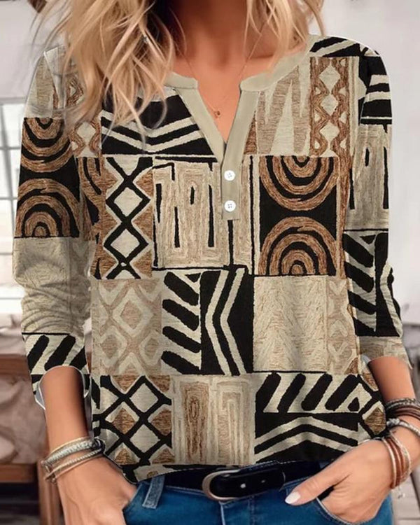 Top - Eenvoudig - Katoenmix V-hals Geometrische print - Ideaal voor Lente Herfst en Winter - Khaki / S - Tops