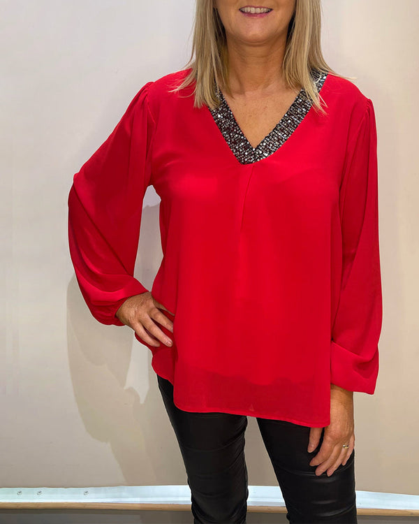 Top - Eenvoudig - Polyester V-hals Pailletten - Ideaal voor Herfst en Winter - Rood / S - Women’s Tops