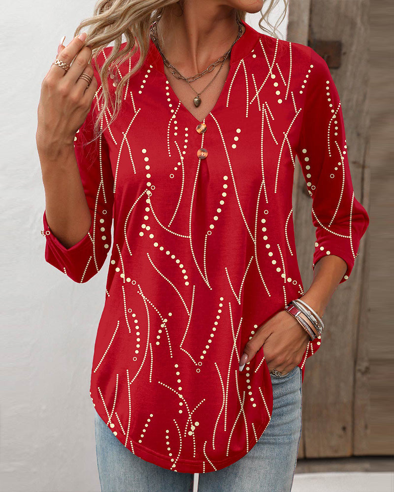 Top - Elegant - Bedrukt - V-hals Knopen - Perfect voor Lente Herfst Winter - Rood / S - Tops