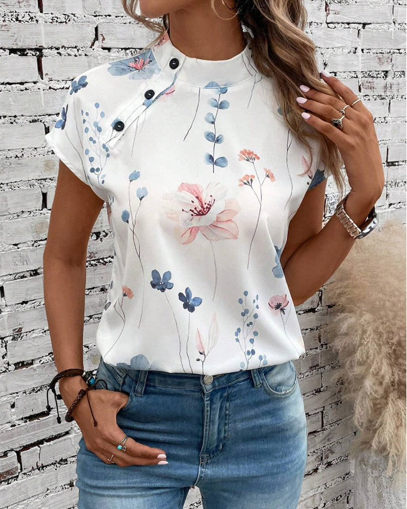 Top - Elegant - Katoenmix met Bloemenpatroon en Opstaande Kraag - Perfect voor Lente Zomer en Herfst - Wit / S - Tops