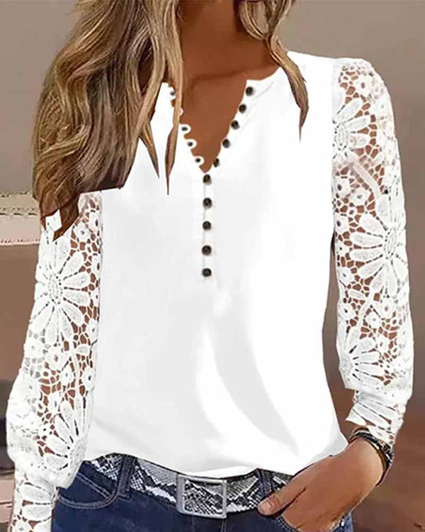 Top - Elegant - V-hals Gedrukt Lange Raglanmouwen - Perfect voor Lente en Herfst - Tops