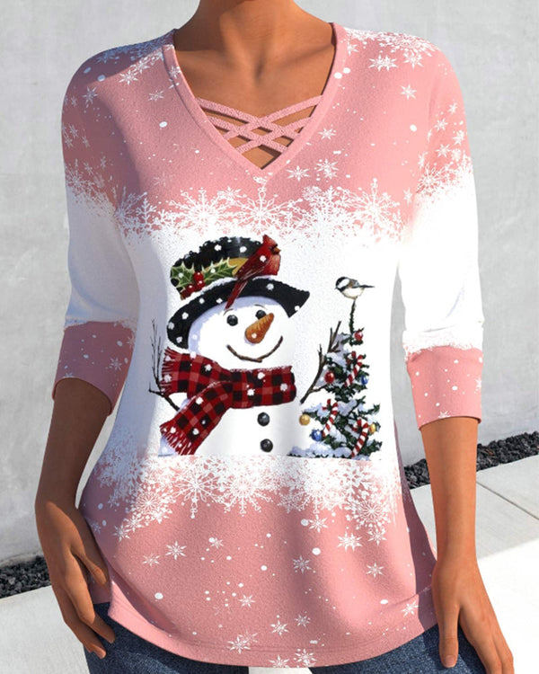 Top - Elegant - V-hals Katoenmix Kerstboom en Sneeuwpop Print - Perfect voor Herfst en Winter - Roze / S - Tops