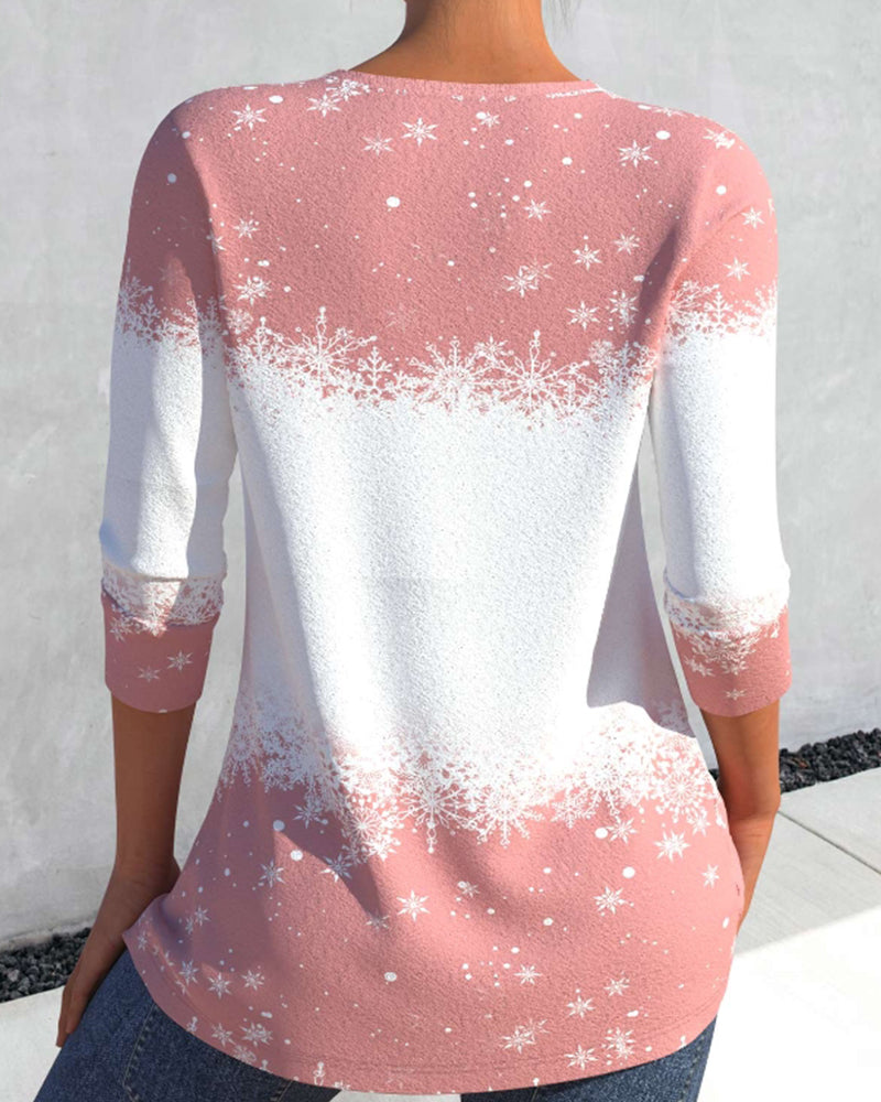 Top - Elegant - V-hals Katoenmix Kerstboom en Sneeuwpop Print - Perfect voor Herfst en Winter - Tops