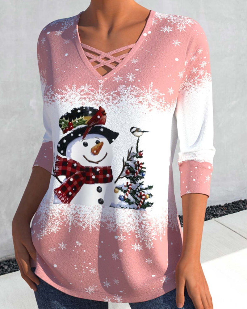 Top - Elegant - V-hals Katoenmix Kerstboom en Sneeuwpop Print - Perfect voor Herfst en Winter - Tops