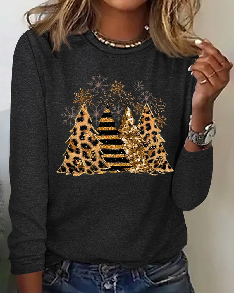 Tops - Eenvoudig - 94% Polyester 6% Spandex Ronde Hals Kerstboom Patroon - Perfect voor Herfst en Winter - Zwart / S