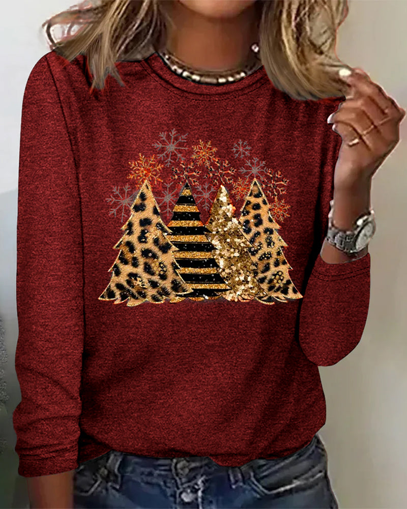 Tops - Eenvoudig - 94% Polyester 6% Spandex Ronde Hals Kerstboom Patroon - Perfect voor Herfst en Winter - Bordeauxrood