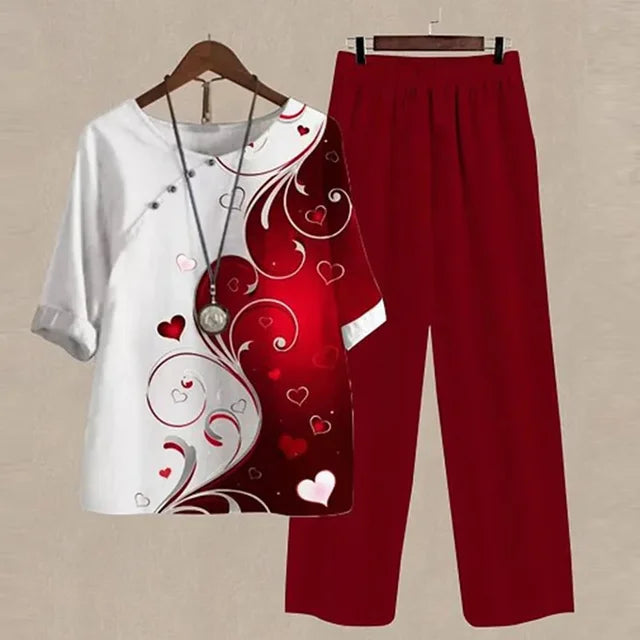 Twee-delig Set - Bloemenprint - Zachte Katoenmix - Perfect voor Ontspannen Dagen - Rood / S - Women’s Casual Clothing