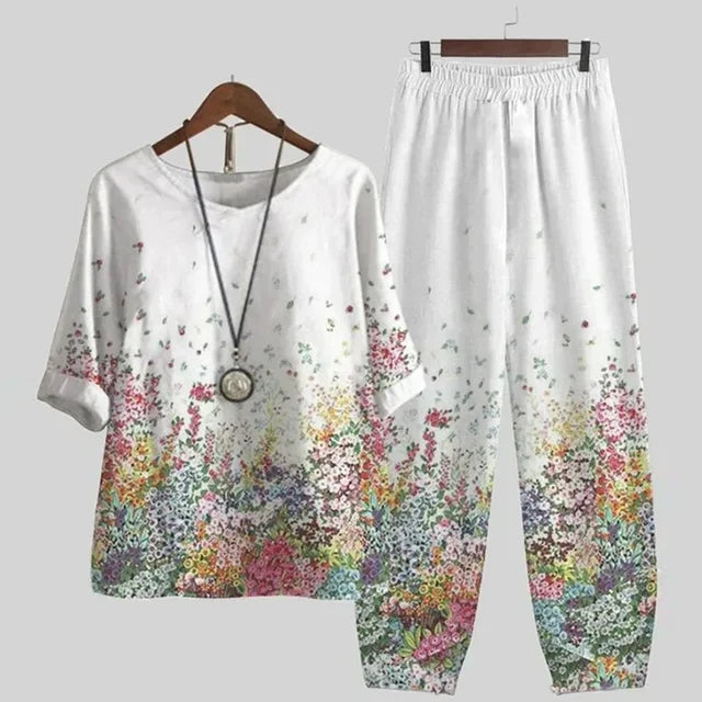 Twee-delig Set - Bloemenprint - Zachte Katoenmix - Perfect voor Ontspannen Dagen - Wit / S - Women’s Casual Clothing