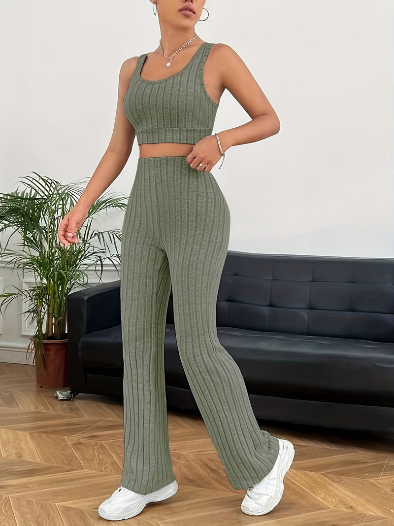 Tweedelige Set Dames - Wijde Broek Dames - Crop Top Dames - Groen / XS - Outfit Sets