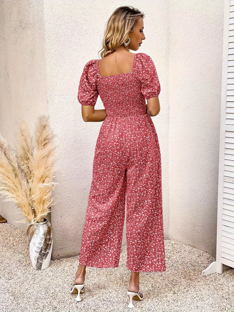 Unitard - Bloemenprint - 100% Polyester Gesmokt - Geschikt voor Alle Seizoenen - Dames Kleding > Jumpsuits