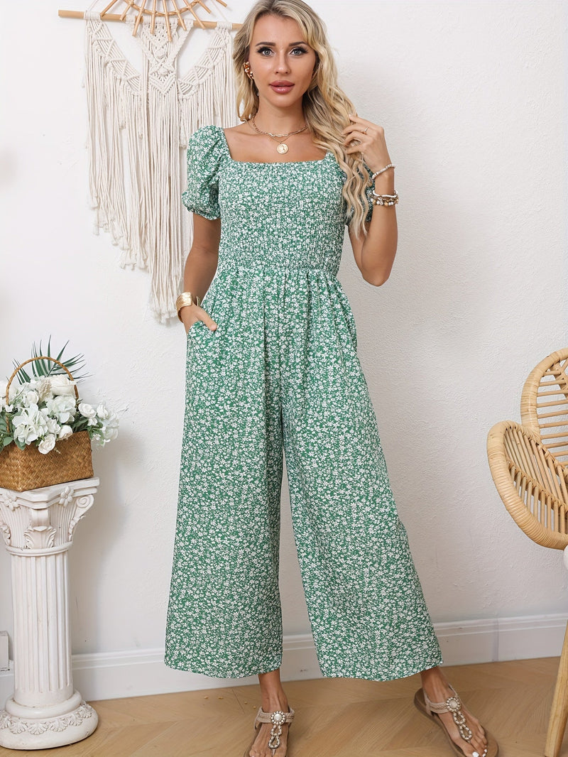 Unitard - Bloemenprint - 100% Polyester Gesmokt - Geschikt voor Alle Seizoenen - Groen / S - Dames Kleding > Jumpsuits