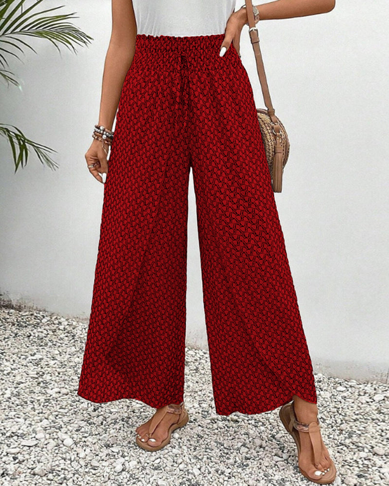 Wijde Pijpen Broek - Elegant - Katoenmengsels met Geometrische Print - Ideaal voor Lente Zomer en Herfst - Rood / S