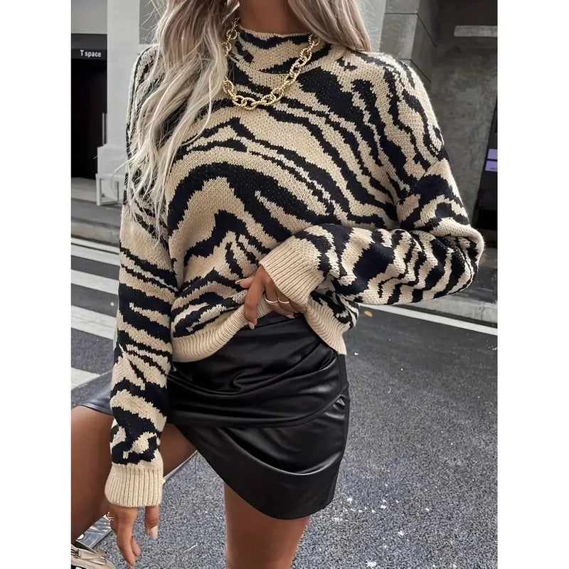 Zebra Patroon Trui - Bianca - Polyester met Stretch - Ideaal voor Herfst en Winter - Dames Truien